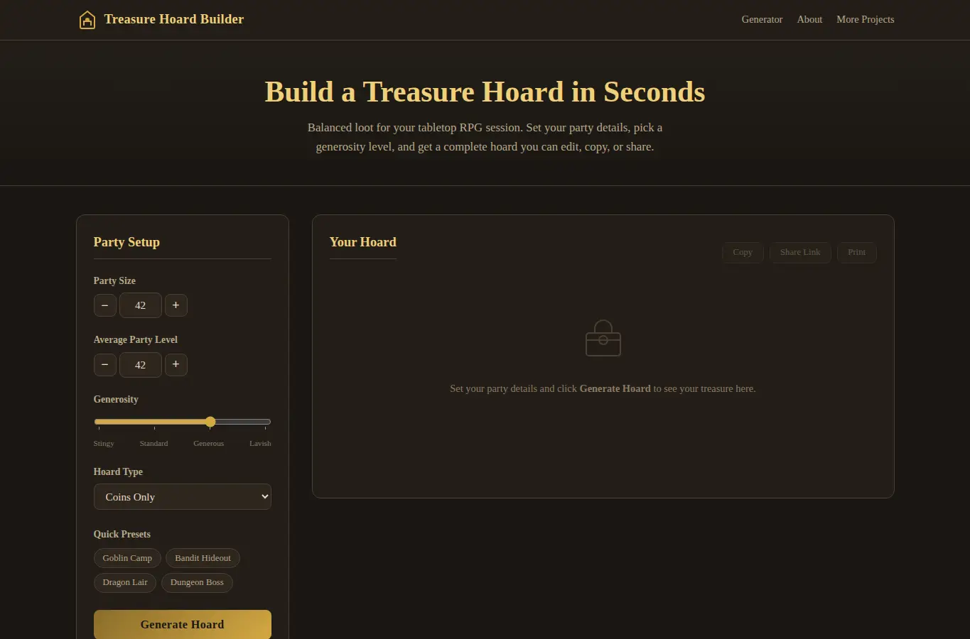 Screenshot of Treasure Hoard Builder interface showing the project page in use